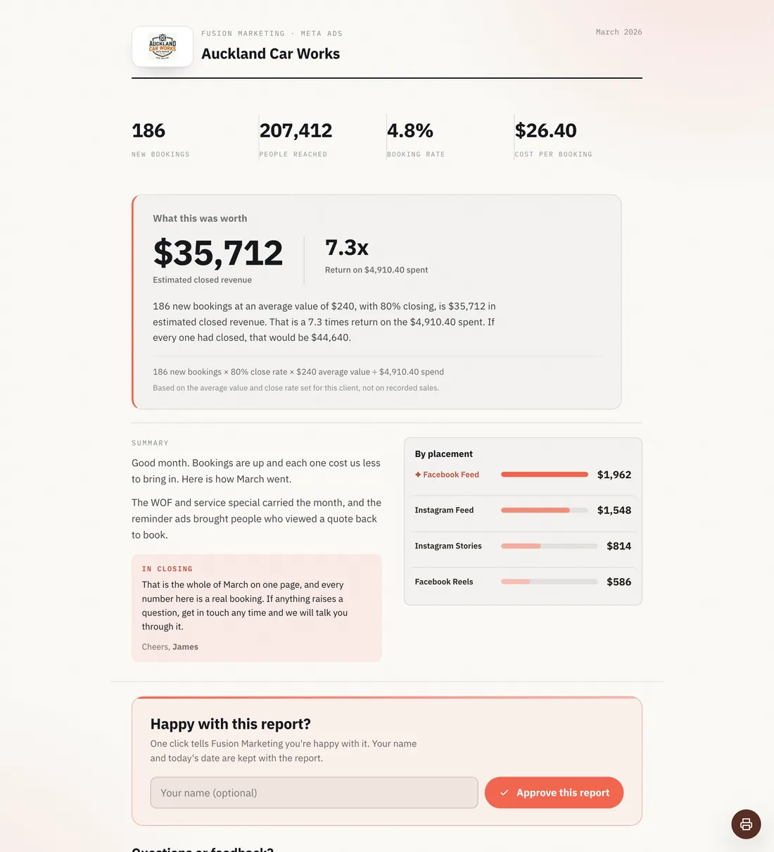 One Page report style, an example Clientdeck client report